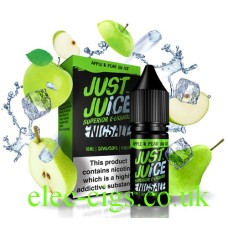Just Juice Nic-Salt E-Liquid Apple & Pear on Ice is shown in a styalsed fshion with lots of fruit  and ice flying around