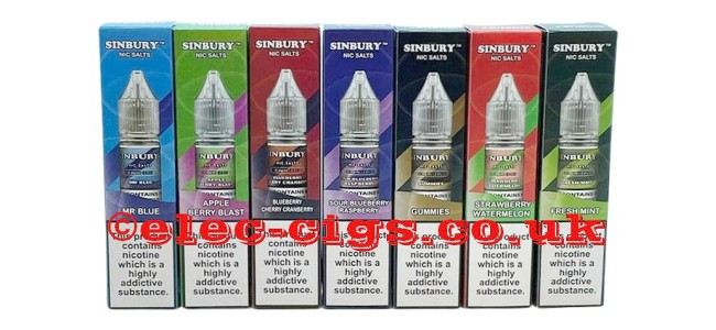 Image shows seven of the 10 flavourss available in the Sinbury Nic-Salts 10ml E-liquid Range