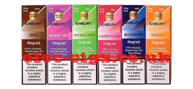 Image shows just a few of the 30 available flavours in the Sinbury-iFreh Range of 10ml E-Liquids
