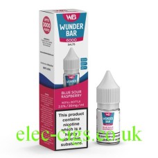 Images show the box and bottle containing the Blue Sour Raspberry Nic-Salt E-Liquid in Wunder Bar 6000 Range
