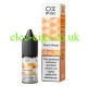 Image shows the bottle and the box containing the Ox Mist 10ML Nicotine Salt E-Liquid Peach Mango