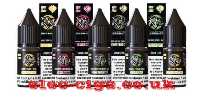 Image show just 5 of the flavours available in the Ruthless Bar Saltz Black Label Range