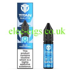 Image shows bottle and box, in blue, of the Titan Nic-Salts Blue Raspberry