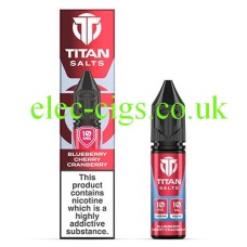 Image shows bottle and box, in red, of the Titan Nic-Salts Blueberry Cherry Cranberry