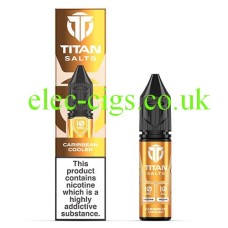 Image shows bottle and box, in gold, of the Titan Nic-Salts Caribbean Cooler