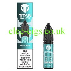Image shows bottle and box, in ice blue, of the Titan Nic-Salts Cool Mint
