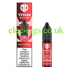 Image shows bottle and box, in bright red, of the Titan Nic-Salts Fruit Punch