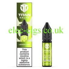 Image shows bottle and box, in green, of the Titan Nic-Salts Lemon Lime