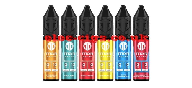 Image shows 6 of the flavours in the Titan Nic-Salt E-Liquids Range