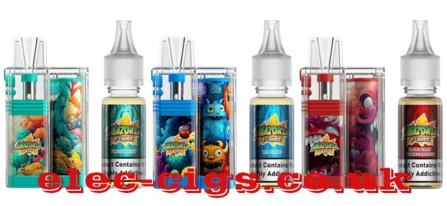 Image shows just 3 of the 10 flavours available in the Amazonia Box System Device and Salt E-Liquid range