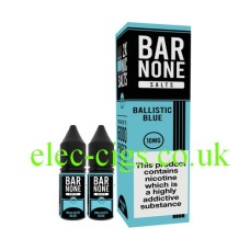 Image show the box and the 2 bottles of the Bar-None Nicotine Salts Ballistic Blue 10ml x 2