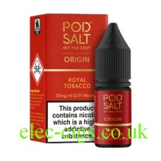 Red box and label with the Pod Salt Origins Royal Tobacco  in it