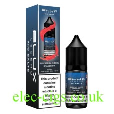 We have a dark blue box and a dark bottle with a blue label containing the Elux Legend Nic Salt Blueberry Cherry Cranberry e-liquid