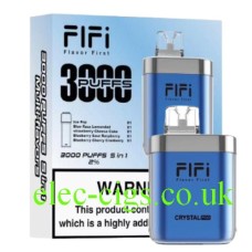FIFI Crystal 3000 Puff Pod Vaping System Blue with 5 pods and charging cable.