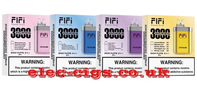 Image shows the 4 deices and pods available in the FIFI Crystal 3000 Puff Pod Kit vaping system