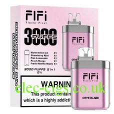 FIFI Crystal 3000 Puff Pod Vaping System Pink with 5 pods and charging cable.