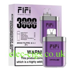 FIFI Crystal 3000 Puff Pod Vaping System Purple with 5 pods and charging cable.