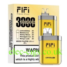 FIFI Crystal 3000 Puff Pod Vaping System Yellow with 5 pods and charging cable.