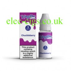 image shows a box and bottle containing Kingston 10 ML Chuckleberry E-Liquid