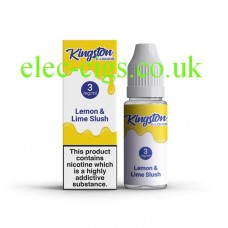 image shows a box and bottle containing Kingston 10 ML Lemon & Lime Slush E-Liquid