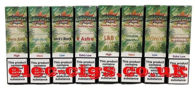 Showing 8 flavours and 4 nicotine levels in the Amazonia 10 ML E-Liquids Range