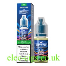 Image shows the box and bottle containing the SKE Crystal Nic-Salt E-Liquid Blue Fusion