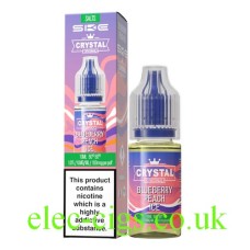 Image shows the box and bottle containing SKE Crystal Nic-Salt E-Liquid Blueberry Peach Ice