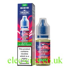 Image shows the box and bottle containing SKE Crystal Nic-Salt E-Liquid Blueberry Sour Raspberry