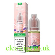 Image shows the box and bottle containing SKE Crystal Nic-Salt E-Liquid Juicy Peach