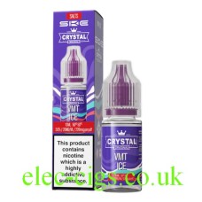 Image shows the box and bottle containing SKE Crystal Nic-Salt E-Liquid VMT Ice