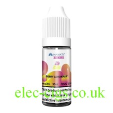 Image shows a bottle, with a multi coloured Label, filled with Hayati Pro Max Nic Salt Vape E-Liquid Berry Lemonade