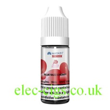 Image show a 10ml bottle with a red and white label on a white background which has the Hayati Pro Max Nic Salt Vape E-Liquid Blue Razz Cherry in it.