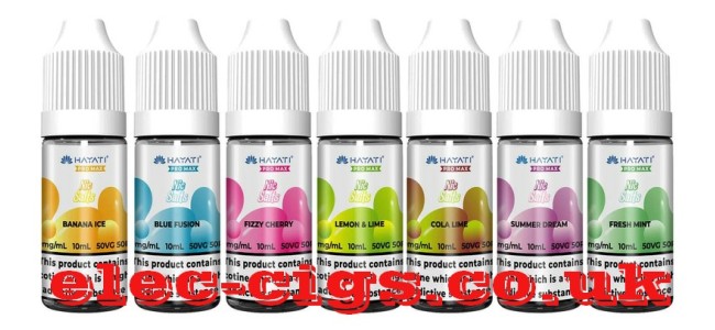 Image shows several of the flavours available in the Hayati Pro Max Nic Salt Vape E-Liquid range all with various coloured labels to help distinguish them from each other