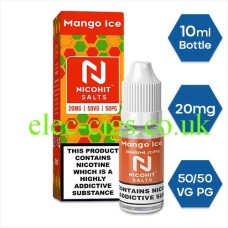 Image shows a box and a bottle of Mango Ice Nicotine Salt by Nicohit