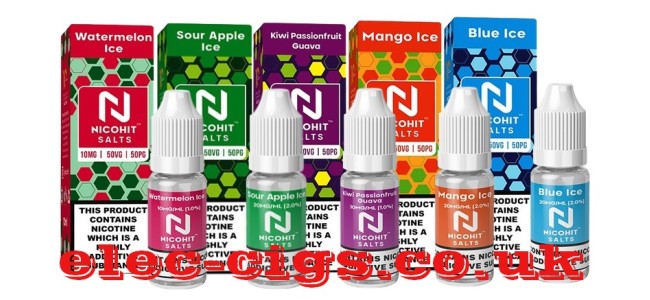 Image shows just 5 of the available flavours in the Nicohit Vape E-Liquid Salts range