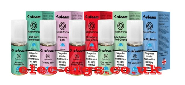 Image shows a few of the huge range of A Steam 10ML 50-50 (VG/PG) E-Liquids