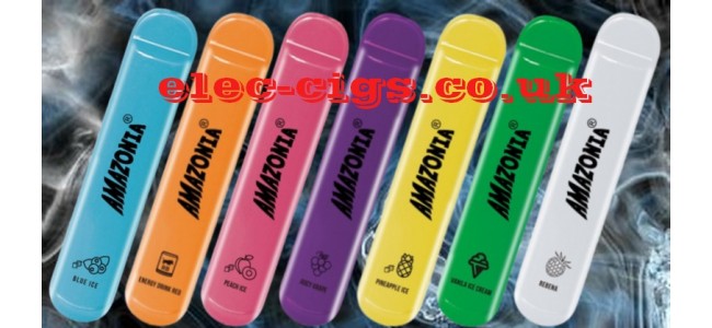 Image shows several of the flavours available in the Amazonia 600 Puff  Disposable Bar E-Cigarettes Range