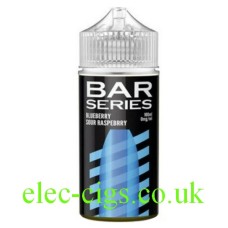 Image shows a bottle with a black and blue label containing the Bar Series 100ML E-Liquid Blueberry Sour Raspberry
