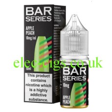 This image shows a box and bottle containing the Bar Series 10ML Nic-Salts Apple Peach e-liquid