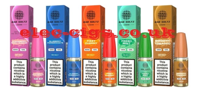 Image shows five out of the 30 flavours available in the Bar Soltz Legend Nicotine Salt E-Liquids Range