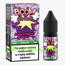 This is the box and bottle containing the Blackcurrant Burst: Boom Nicotine Salt E-Liquid