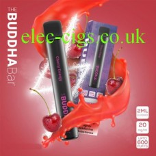 Image is a stylistic depiction of a Cherry Energy 600 Puff Disposable Vape by Buddha Bar