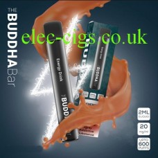 Image shows a stylised picture of an Energy Drink 600 Puff Disposable Vape by Buddha Bar 