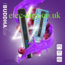 Grape Energy 600 Puff Disposable Vape by Buddha Bar is heavily stylised in this image