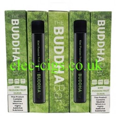 Image show 5 boxes, from various sides, containing the Kiwi Passion Fruit Guava 600 Puff Disposable Vape by Buddha Bar