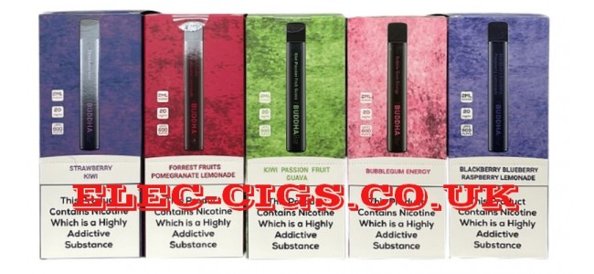 Image shows just 5 of the flavours available in the Buddha Bar 600 Puff Disposable E-Cigarettes Range