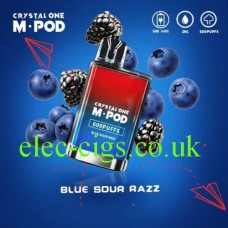 Picture of the Crystal One M-Pod 600 Puff Disposable E-Cigarette Blue Sour Razz surrounded by the images of the fruits which its flavour mimics