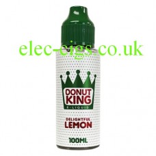 image is of a bottle with green top and predominately white label  containing Delightful Lemon Donut 100 ML E-Liquid by Donut King