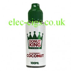 Image is of a bottle of Raspberry Coconut Donut 100 ML E-Liquid by Donut King