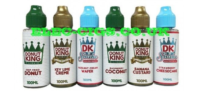 Image shows some of the flavours available in the Donut King 100ML E-Liquids Range
